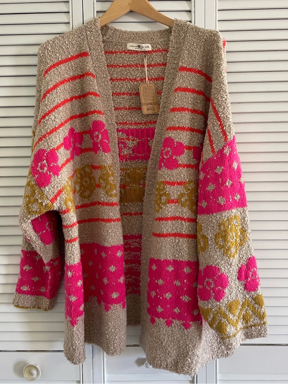 NWT Natural Life Calla Jacquard Cardigan Sweater Floral Striped, L/XL